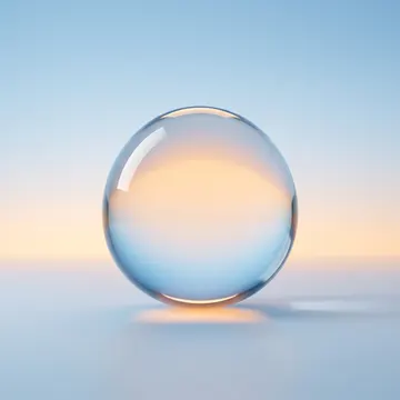A single glossy glass droplet glowing apricot inside, on a sky-blue to apricot gradient