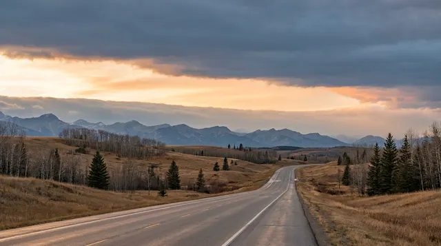 Rolling tawny foothills and an empty two-lane highway curving toward the Rocky Mountain front ranges under a band of apricot sky below grey cloud